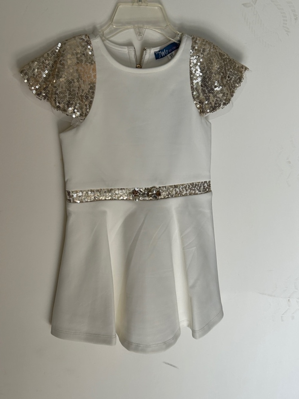 Truly Me Off White Party Dress with Gold Sequin Accents and Pearls. Lined. NWT!